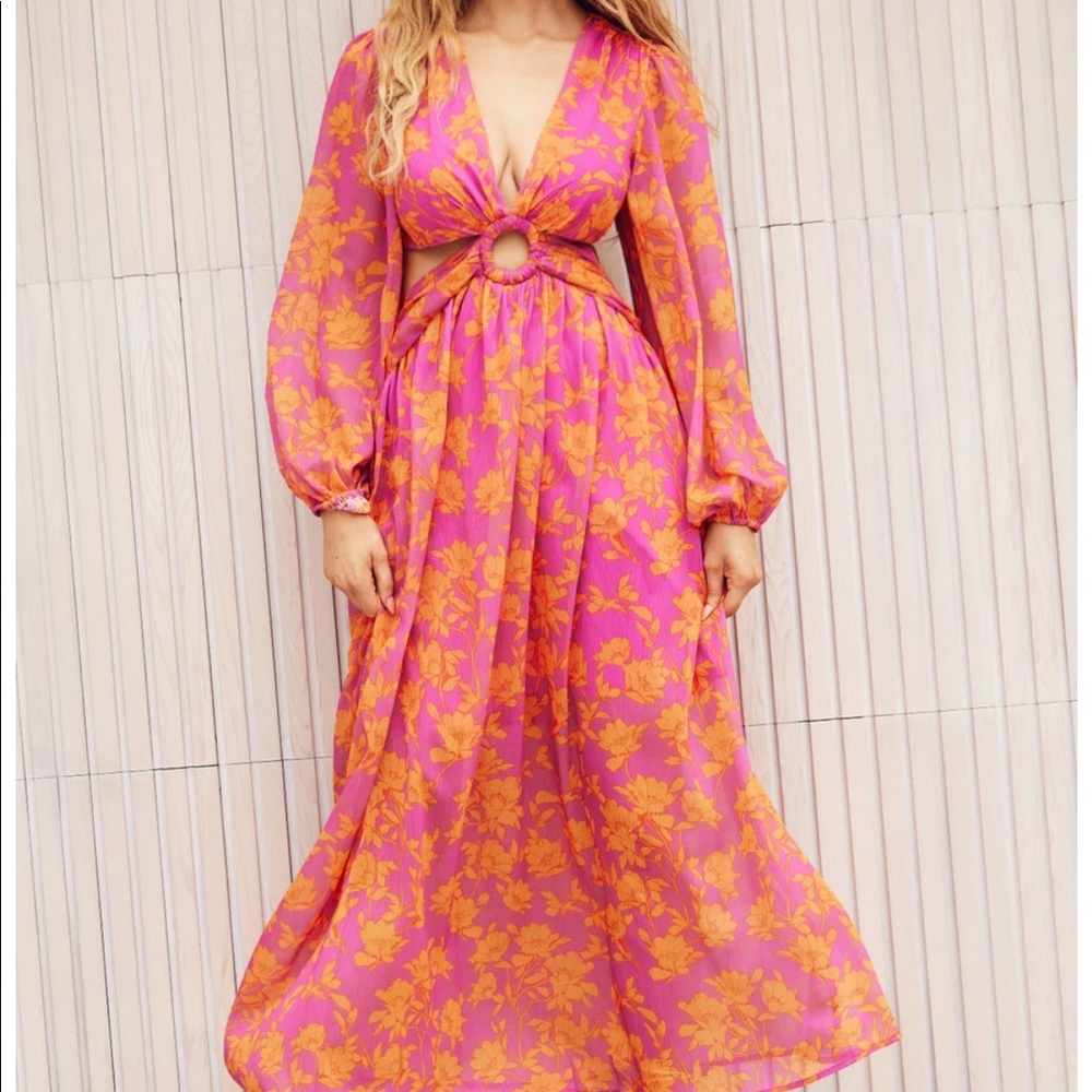 Pink and Orange floral long sleeve maxi dress with cutouts.